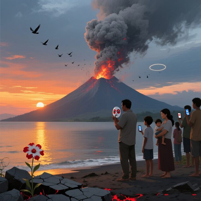 
					Kolom abu dan lava Gunung Anak Krakatau saat erupsi pada 4-6 September 2026. Aktivitas vulkanik ini menyebarkan abu hingga ke Banten, DKI Jakarta, Jawa Barat, Lampung, dan Bengkulu. (Ilustrasi AI)